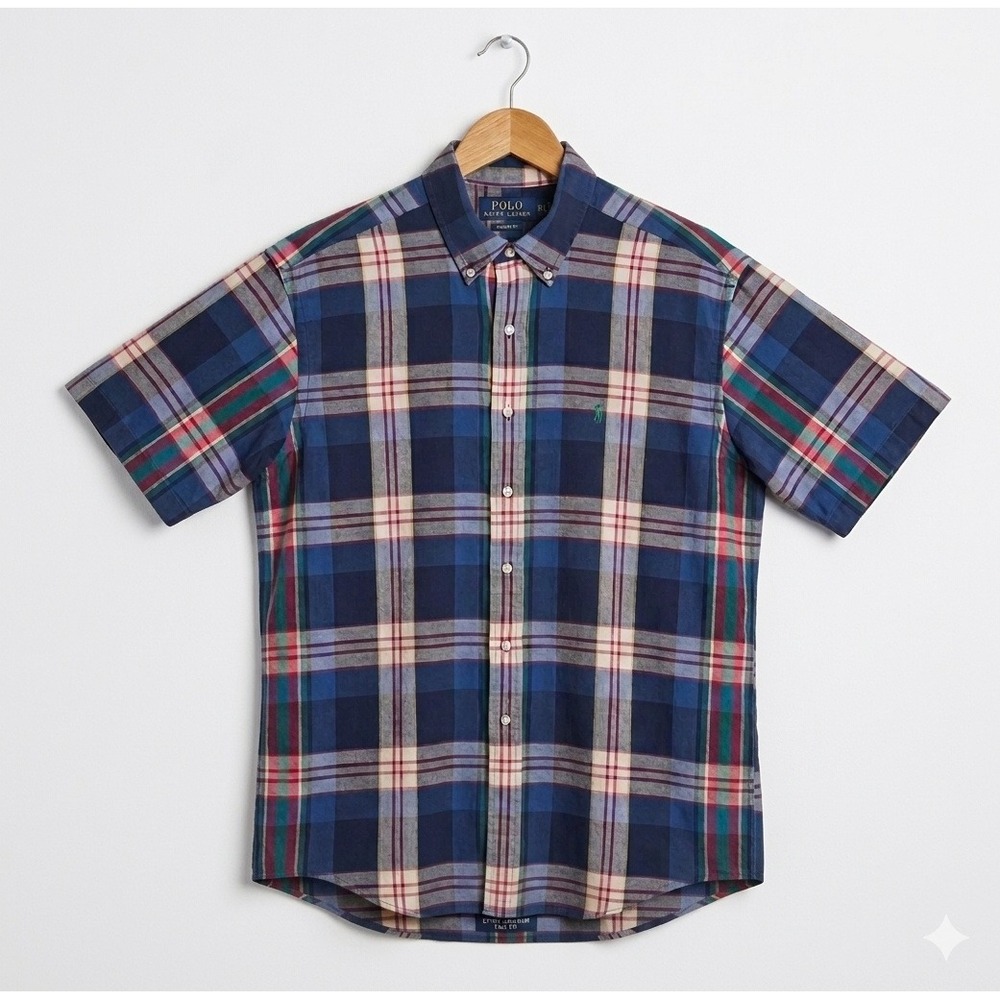 Ralph Lauren Button Down Shirt Mens L Blue Plaid Blake Short Sleeve Cotton